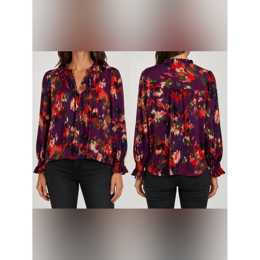 HOTOUCH Abstract Print Ruffle Sleeve Blouse Multicolor Sz L Long Sleeve